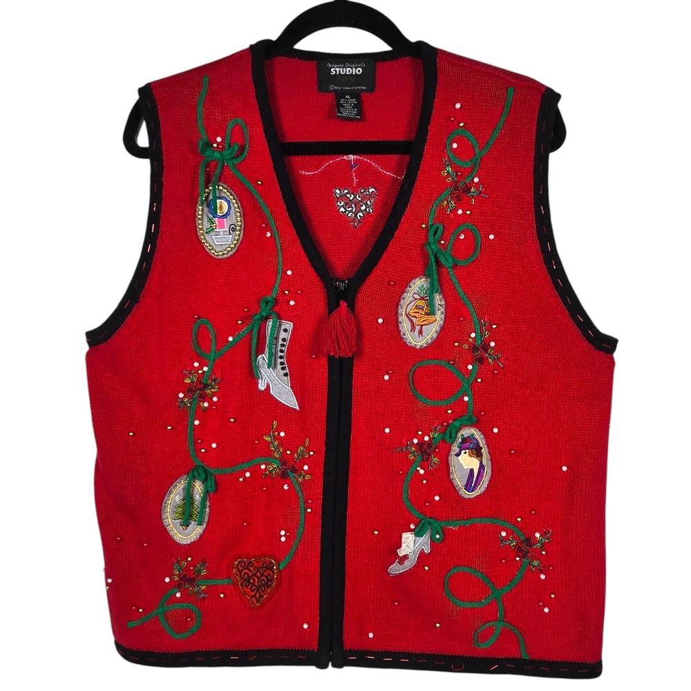 Designers Originals Studio Red Christmas Sweater Vest XL Embroidered Beaded Zip‎